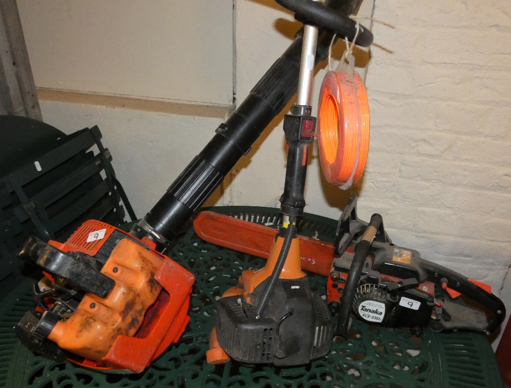 A Tanaka ECS-335 LC petrol chain saw, a Tanaka Pro Force petrol leaf blower and a Tanaka petrol