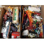 Two boxes of miscellaneous, playworn, diecast including Corgi Batmobile, Man From U.N.C.L.E.