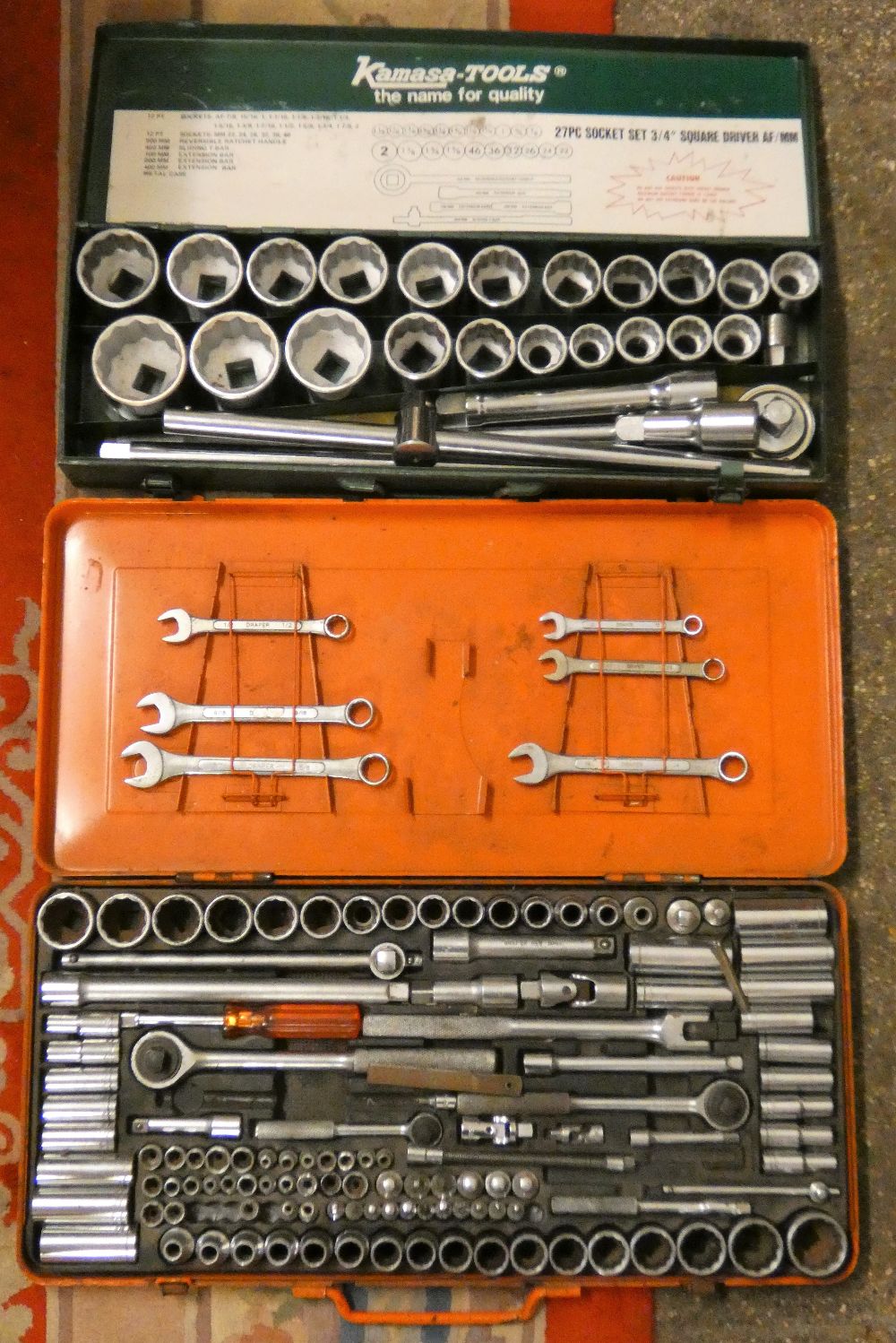 A Kamasa tools 27 piece 3/4" AF/MM socket set 2" - 15/16th case and a Draper extensive socket set