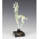 An Art Deco green glass Sabino style figure of a deer raised on a black marble socle 22cm