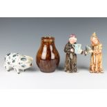 A Rye Pottery pig 13cm, a Rye brown glazed baluster vase 15cm and 2 Majolica figures of monks The