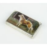 A Victorian silver rectangular vesta now with an enamelled panel depicting a collie dog London 1896,