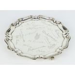 A silver card tray with pie crust rim engraved with signatures and armorial Sheffield 1936, 330