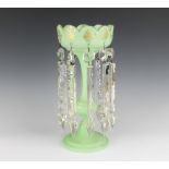 A Victorian green lustre with clear faceted drops 30cm Some of the lustres are damaged