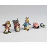 Four painted lead Beatrix Potter figures - Jemima Puddleduck (f), Jeremy Fisher, Peter Rabbit and