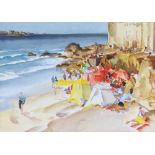 F Russell Flint (1915-1977) watercolour, unsigned, Continental beach scene with figures 28cm x 38cm