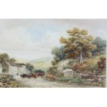 Richard Smith, 1885, watercolour, rural scene with cattle in a village street 23cm x 34cm