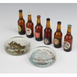 Six miniature bottles of beer 3.75cm, 2 advertising paperweights - Peckett & Sons locomotive