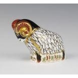 A Royal Crown Derby Imari pattern paperweight in the form of a Derby ram with gold stopper, boxed