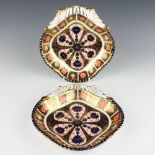 A pair of Royal Crown Derby Imari pattern scallop shaped dishes 25cm One dish is riveted
