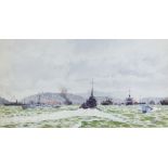 Herbert C Ahier, 1944, watercolour, signed, naval vessels off a coastal scene 19cm x 36cm