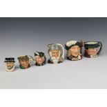 Six Royal Doulton character jugs - Aramis D645 10cm, Don Quixote D6460 9cm, Tony Weller 8cm, The