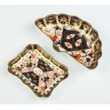 A Royal Crown Derby Imari pattern fan shaped pin dish 12cm, a rectangular do. 7cm