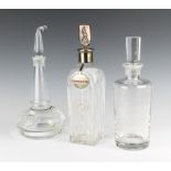 A glass decanter engraved Eiscl 28cm, a plated mounted do. and a Continental decanter and stopper