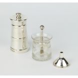 A sterling silver peppermill 9cm, a glass and silver mounted glue pot and a funnel