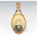 E C De Molegues, watercolour, unsigned, oval portrait of a young boy in a fancy gilt metal frame