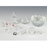 A Swarovski Crystal squat vase 3.5cm, a do. parrot 7cm, a panda cub 1.5cm and 7 other crystal