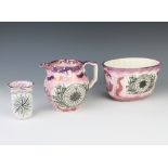 A glazed pottery Sunderland lustre style jugs 14cm, a do. vase 9cm and a do. jelly mould 20cm