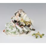 A 19th Century Meissen fete gallant group with a dog beneath a tree 15cm The tree branch is broken