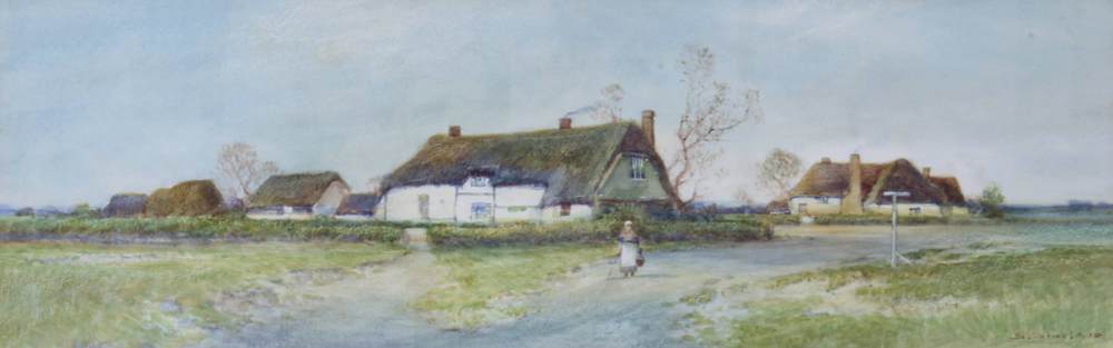 S Sinclair, watercolour signed, figure on a country lane with thatched buildings 17cm x 53cm