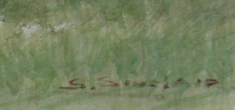 S Sinclair, watercolour signed, figure on a country lane with thatched buildings 17cm x 53cm - Image 3 of 3