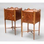 A pair of Georgian style mahogany tray top bedside cabinets fitted cupboard, raised on turned