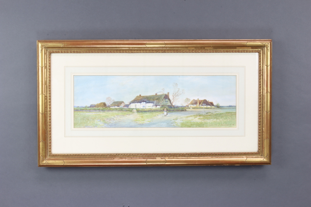 S Sinclair, watercolour signed, figure on a country lane with thatched buildings 17cm x 53cm - Image 2 of 3