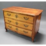 A French 18th Century fruitwood commode of D form fitted 3 long drawers with brass drop handles,