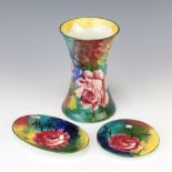 A Wemyss Ware waisted vase decorated with roses 15cm, 2 do. dishes 13cm and 10cm All 3 items are