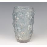 Lalique, a Raisins pattern blue moulded glass tapered vase, circa 1928, pattern no. 1032 engraved
