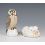 A Royal Copenhagen figure of 2 goslings 9cm and a B & G figure of an owl 11.5cm