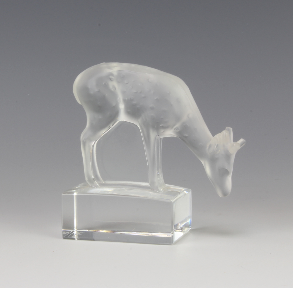 Lalique, a frosted and clear glass deer faun paperweight, etched Lalique France 8cm