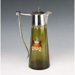 A Continental green glass enamelled ewer with plated mounts depicting the crest of The Cape of