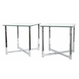 A PAIR OF CHROME SIDE TABLES, with squar