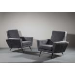 A FINE PAIR OF UPHOLSTERED EASY CHAIRS,