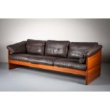 A TEAK PANELLED THREE SEAT SOFA, DANISH