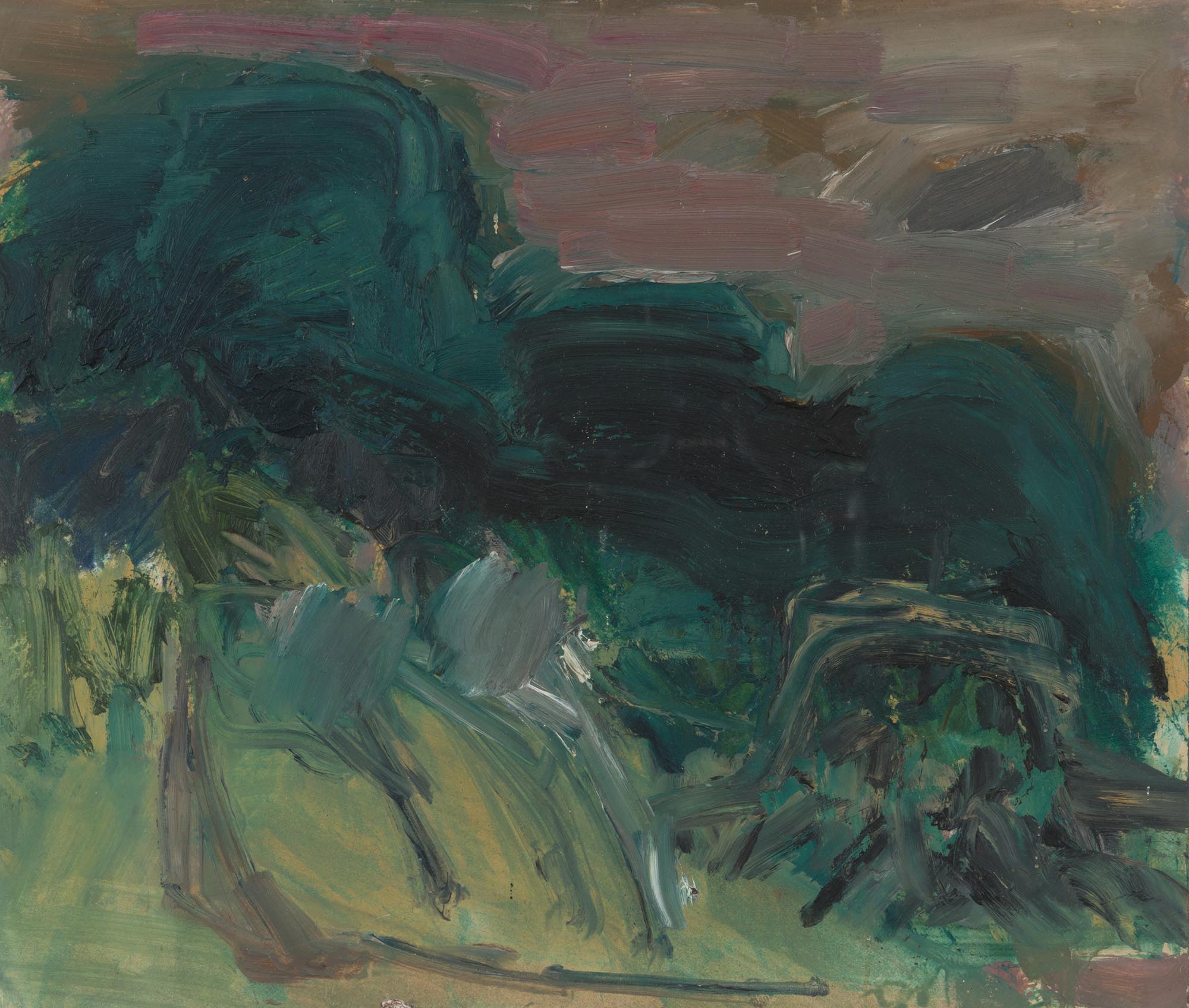 Basil Blackshaw HRHA HRUA 1932-2016 WOODED LANDSCAPE Oil on board, 10 1/4" x 12" (26 x 30.5 cm),