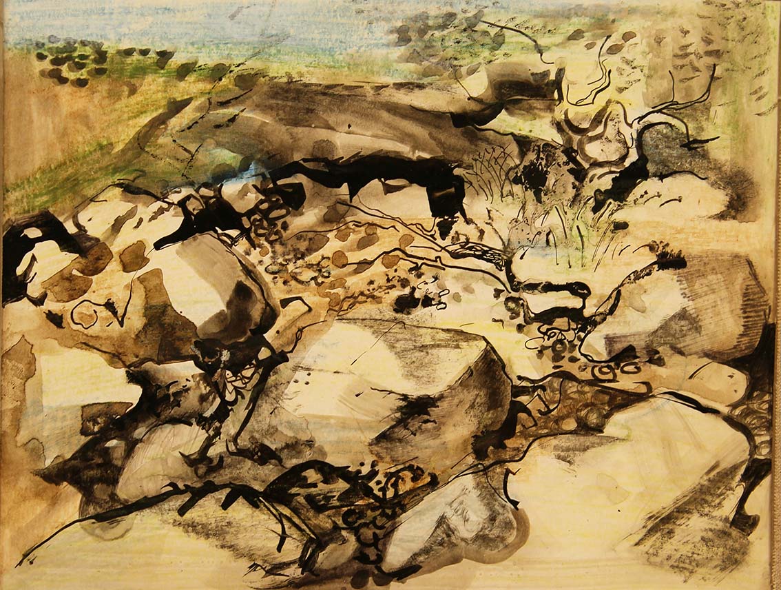 George Campbell RHA 1917-1979 SPANISH VILLAGE - SHOULD READ: ROCKY LANDSCAPE Ink & wash, 7 1/4" x