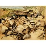 George Campbell RHA 1917-1979 SPANISH VILLAGE - SHOULD READ: ROCKY LANDSCAPE Ink & wash, 7 1/4" x