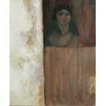 George Campbell RHA 1917-1979 AT THE DOOR Oil on board, 18" x 14 1/2".