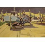 William Carron ARHA b.1930 BOATS ON THE SLIPWAY Acrylic on board, 11 1/2" x 17 1/4" (29 X 44cm),