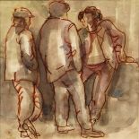 George Campbell RHA 1917-1979 THREE MEN CHATTING Watercolour, 7" x 7".