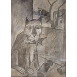 Eddie Mooney,  CAT WITH FISH Drawing, 15" x 11", signed and dated 1999
