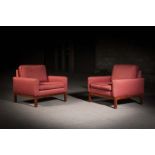 A PAIR OF RED UPHOLSTERED ARMCHAIRS, 1960s, on square rosewood legs (2)