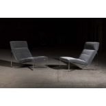 A PAIR OF EASY CHAIRS, ITALIAN, BY MINOTTI, the velvet upholstered seats, on chrome tubular