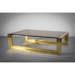 A RECTANGULAR LOW TABLE EN SUITE, ITALIAN, 1960'S, with smoked glass tops, on angular bases 120 (l)