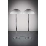 A PAIR OF CHROME STANDARD LAMPS, with white perspex shade, 150cm (h)