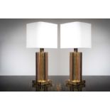 A PAIR OF GILT COLUMNAR TABLE LAMPS, BY WILLY RIZZO FOR LUMICA, 1970s, 64cm high (incl. shade)