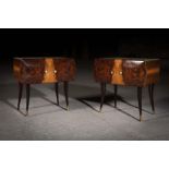 A PAIR OF WALNUT TWO DOOR BEDSIDE CABINETS, ITALIAN, 1960s, on tapering legs with gilt metal feet,