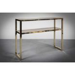 A GILT METAL TWO TIER CONSOLE TABLE, 1970s, with bronzed mirrored shelves, 100cm (w) x 30cm (d) x